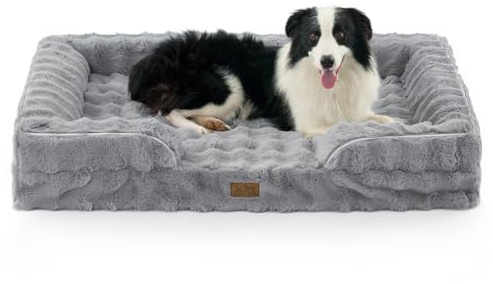 COZY KISS Kunstfell Orthopädisches Hundebett Waschbar für Extra Große Hunde | Weiches Hundesofa mit Erhöhter Rand, Rutschfest Hundecouch mit Wasserdichte Abnehmbar Bezug, 122x89cm, Grau