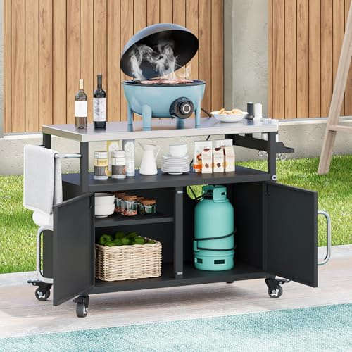 Merax 54.5 Outdoor Kitchen Island with Stainless Steel Tabletop, Metal Grill Cart Table with Storage Cabinet, Spice Rack and Towel Rack, Outdoor Bar Cart with 4 Lockable Wheels for BBQ, Black