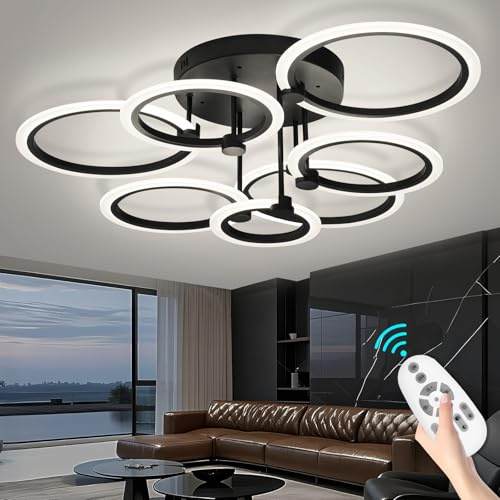 OKELI Moderne LED-Deckenleuchten, Dimmbar, Acryl-Deckenleuchte mit 7 Ringen, Mit Fernbedienung, Große Schwarz Flush-Mount Deckenleuchte für Schlafzimmer, Wohnzimmer und Esszimmer, 48W