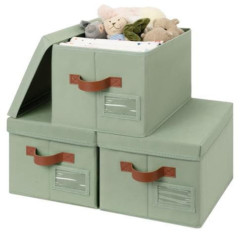 GRANNY SAYS Wardrobe Storage Boxes with Lids, Pack of 3 Fabric Storage Boxes with Lids, Wardrobe Organisers, Clothes Organisation Baskets for Shelf, Foldable Box for Bedroom Closet Organising, Green