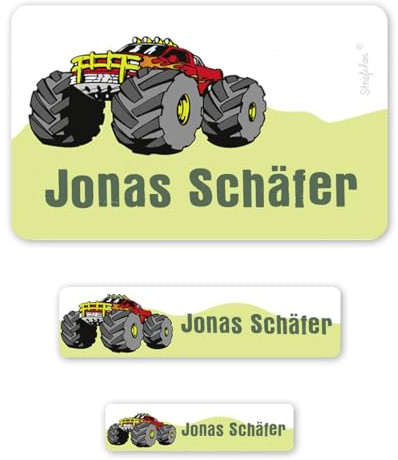 Striefchen® 100 Schuletiketten mit Wunschname Motiv: Monstertruck Ideal zur Einschulung oder Schulanfang