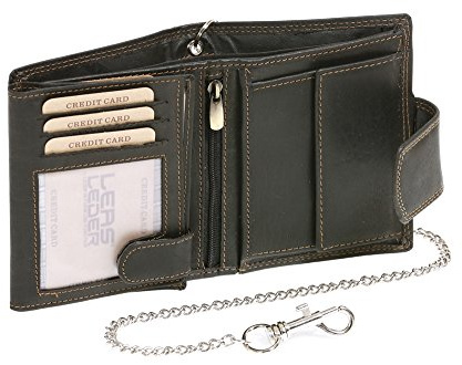 LEAS MCL Biker Portefeuille pour homme et femme avec la chaîne chrome Vintage-Style format portrait, cuir véritable, noir - ''LEAS Chain-Series''