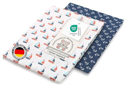 ZOLLNER 2er Set Musselin Spucktücher in 120x120 cm aus Baumwolle - weiche und hautfreundliche Mulltücher in weiß und blau - mit Geschenkbox - waschbar bis 60°C - Oeko Tex® Zertifiziert