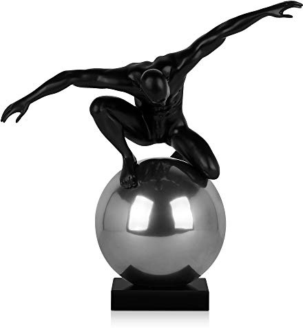 ADM - 'Großer Beherrschung' - Moderne figurative Skulptur aus satiniertem Harz mit Kugel mit Metalleffekt und Marmorsockel - Schwarz - H65 cm