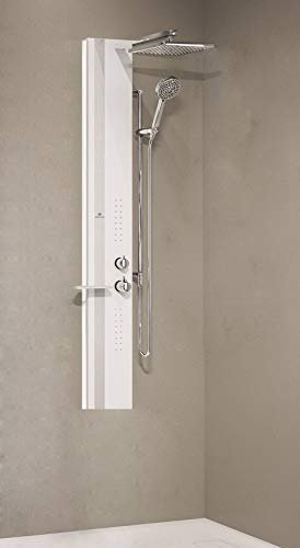Duschsäule Novellini Line 2 Whirlpool Ausrüstung, Thermostat-Mischbatterie, Farbe Weiß, matt, Regal, Silber, Ablage, Handbrause, Größe 22 x 57,5 x 150 cm