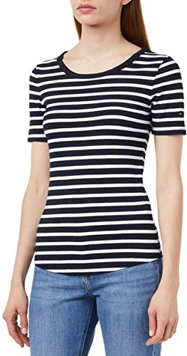 Tommy Hilfiger Damen T-Shirt Kurzarm Slim 5X2 Rib Slim Fit, Mehrfarbig (Brenton Stripes/White/Desert Sky), M