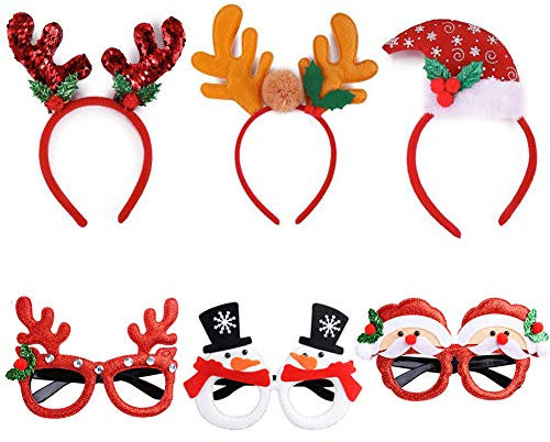 Weihnachtsbrillen + Weihnachts Haarreif, 6 Stück Partybrillen Set Kreative Weihnachten Brillen Haarschmuck Party Gläser Brillenrahmen Brillengestell Sortierte Kinder Lustige Gläser für Party Dekor