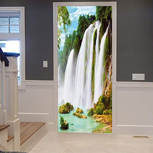 A.Monamour Türtapete Selbstklebend Türfolie Türposter 3D Berg Wasserfall Grüne Wald Bäume Natur Landschafts Druck Vinyl Folie Türdeko Tapete Wandbild Türaufkleber Türtattoo 90 x 200 cm