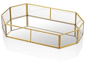 HARLIANGXY Bandeja dorada con espejo, bandeja de metal de estilo vintage. Bandeja decorativa como guardar objetos de tocador, organizador de joyas y maquillaje, 26 x 18 x 5 cm