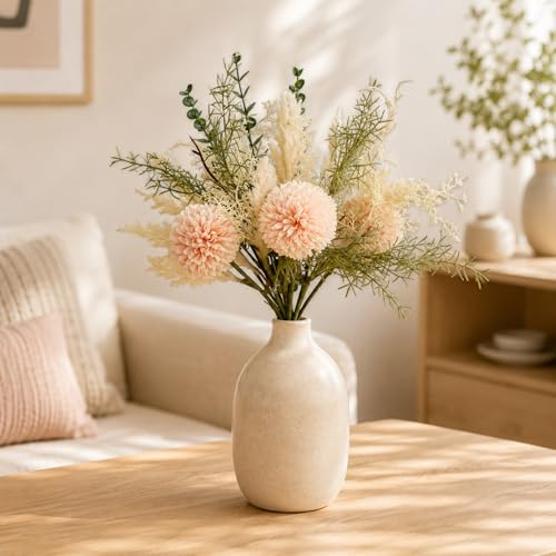 Künstlicher Blumen-Strauß 37 cm apricot als Frühling Sommer Tisch-Deko - Blumen-Gesteck mit künstlichen Dahlien Eukalyptus Deko-Blumen - Kunstblumen wie echt als große Hochzeit Blumen-Deko