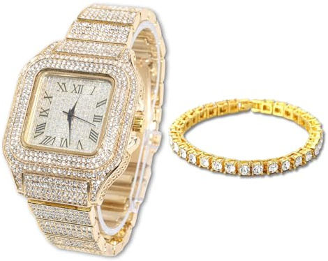 Halukakah Diamant Golduhr Iced Out, Männer 18k Echtgold/Platin Weißgold Plattiert Quarz Armband 24cm Quadratisch Zifferblatt, mit Tennis-Ketten Halskette Armband-Set Optionen, Kommt mit Geschenkbox