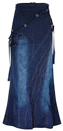 VEMOW Falda Vaquera Larga Maxi para Mujer con Cremallera, Denim Muy Elástico, Vestido de Falda de Mezclilla con Bolsillo (Azul Oscuro, XL)