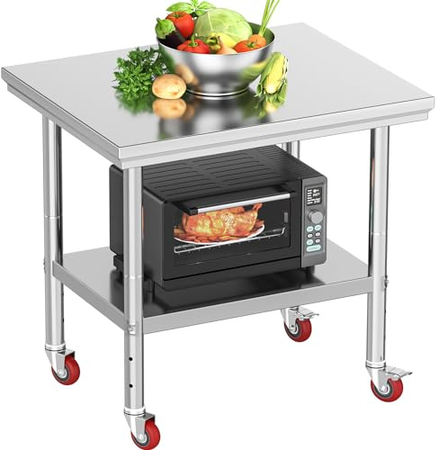 YITAHOME NSF Stainless Steel Table, 30 X 24 Work Table with Wheels, 2 Shelves Metal Prep Worktable for Home Kitchen Restaurant Garage Warehouse Outdoor