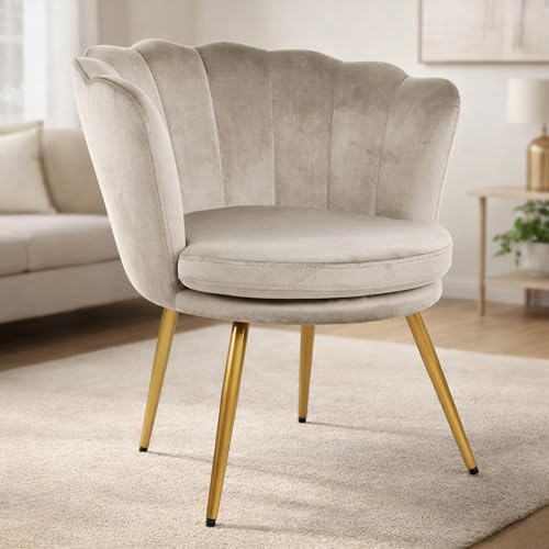 Genesis Flora Accent Tub Chair with Petal Back Armchair With Golden Chrome Finish Metal Tube Legs (Taupe)