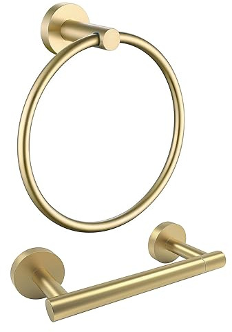 Toilettenpapierhalter und Handtuchring, Handtuchhalter Wandmontage SUS 304 Edelstahl Doppelpfosten Schwenkbar Verstellbar TP Groß Mega Rollenhalter Gebürstet Gold