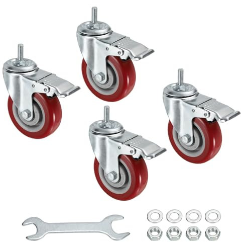 sourcing map 4 Schwenkbare Gewinde Stielrollen M10x25mm Gewinde PU Nachlauf Rad mit Bremse 88lbs Ladung für Möbelwagen Rot 4Stk