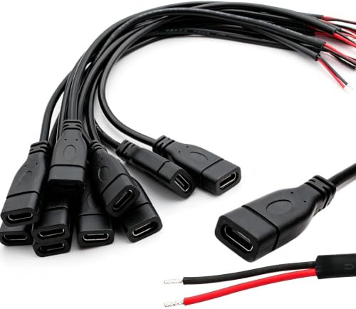 VISSQH 10 Pièces Queue de cochon USB Type-C,22AWG 5V 3A USB-C femelle vers fil nu à 2 broches,USB type C rallonge de câble, prise USB C à soudable avec extrémité ouverte pour les bricoleurs (25 cm)