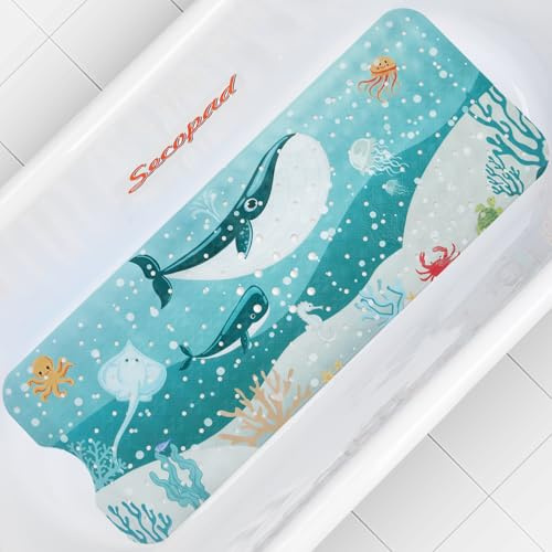 Secopad Badewannenmatte rutschfest Kinder, 100 x 40 cm, Zwei Wale | 100% BPA-frei, Rutschfest, Starke Saugkraft, Cartoon-Design für Kinder, Gute Wasserableitung und Leicht zu Reinigen
