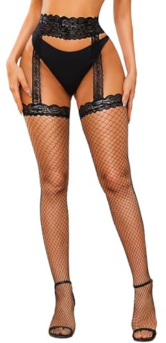 RSLOVE Fishnet Stockings for Women - Lace Suspenders Thigh High Tight Black