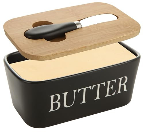 WOPPLXY Black Butter Dish with Lid and Knife - 650ML Ceramic Butter Dish with Lid - Large Butter Container Porcelain for Butter , Cheese , Storage