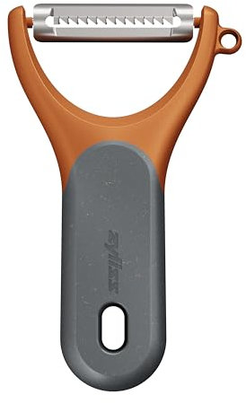 Zyliss Pelador en juliana, pelador de frutas y verduras extra afilado con popote de trigo sostenible, agarre cómodo, cubierta para seguridad, acero inoxidable, apto para lavavajillas