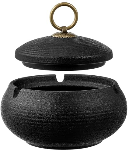 Zeawavsl Cenicero Resistente para Exteriores de Cerámica Negra Con Tapa, Ideal para Terraza, Balcón, Jardín y Bar