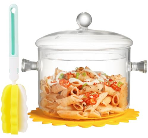 Clear Glass Cooking Pot With Lid And Brush And Silicone Hot Pads On Stove - 2L(68oz) Borosilicate Glass Simmer Pot And Pan With Cover - Glass Cookware Stovetop Pot Set For Pasta, Noodle, Soup, Milk