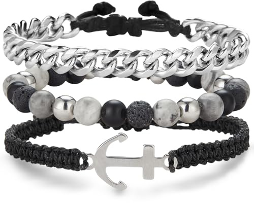 Dazylleco 3 Stück Perlenarmband für Herren Naturstein Armband Schwarz Edelstahl Leather Armkette Armband Verstellbare Schmuck Set Herren Geschenk Vatertag für Männer