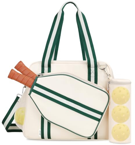 Movker Pickleball Bag for Women 2-in-1 Tote & Crossbody with Fence Hook Holds 2 Paddles & Detachable Ball Bag Court to Street(Beige)