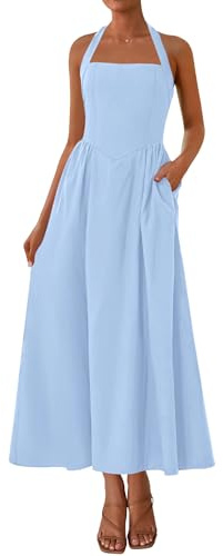 KIRUNDO Summer Dresses for Women 2026 Halter Maxi Wedding Guest Party Cocktail Semi Formal Elegant Classy Long Sundress(Light Blue, Medium)
