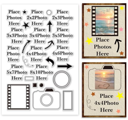 PH PandaHall Place Photo Here Clear Stamp Arrow Silicone Stamp Camera Rubber Stamp Image Frame Transparent Stamp Picture Size Seal Stamp for Album Scrapbooking Card Making DIY Craft 16x11cm