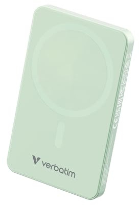 Verbatim Charge 'n' Go Essentials MagSafe - Cargador magnético para iPhone 16/15/14/13/12 Pro/Pro MAX (5000 mAh, PD 20 W, Incluye Cable USB-C a USB-C), Color Verde