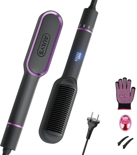 AULYS Spazzola Lisciante in Ceramica, Piastra per Capelli con Riscaldamento PTC in 25s, 5 Temperature Regolabili (140–200°C), Anti-Scottatura, Spazzola Termica per Styling Veloce