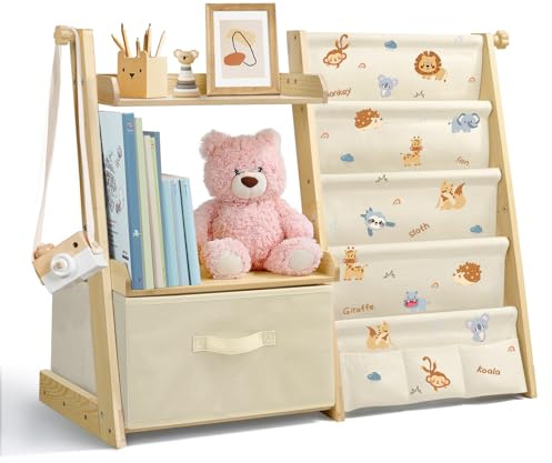 wooshwa Libreria Montessoriana per Bambini Bambina, Scaffale per Giocattoli, Legno Massiccio Montessori Scaffale Libreria 85 * 69.5 * 34.5cm - Animali della Giungla