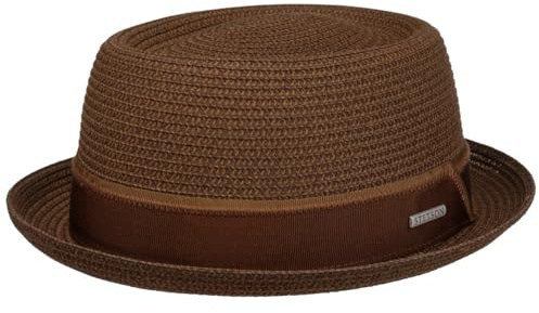 Stetson Ruviano Pork Pie Strohhut Melierter Hut UV Schutz 40+ Damen Herren Frühjahr Sommer Dunkelbraun L (58-59 cm)