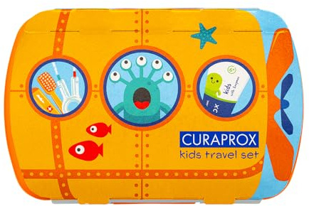 Curaprox Kids Reseset – Tandborste, tandkräm och interdentalborstar | Ultramjuka Curen®-filament | Kompakt reseset för barn (orange) | Tillverkad i Schweiz