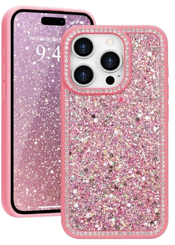 Ethanger Cover Glitter per iPhone 15 Pro Max, Bling Sparkle Paillettes Cover con Cristallo Diamanti Lucidi per Donne Ragazze, TPU Antiurto Custodia Protettiva per iPhone 15 Pro Max, Rosso Rosa
