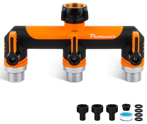 Photener 3 Way Hose Splitter - for 3/4 Outside Tap with Quick Connectors, 3 Leak-Proof Flow Valves, Frost-Proof Rubber Coating, Easy-Operate Long Handle - for Garden & Washing Machine