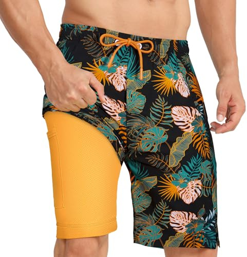 APTRO badshorts herr badbyxor med kompressionsfoder 2 i 1 snabbtorkande strand sommar 23 cm brädshorts med blixtlåsfickor, Retro Mk036, 3XL