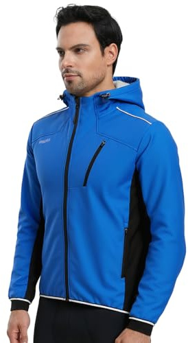 ARSUXEO Cycling Jacket Mens Winter Jacket with Hood Mountain Bike Windbreaker 3 Zipper Pockets for Golf Hiking Running Outdoor Activities 24F Blue XL