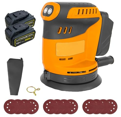 Brushless Orbital Sander Compatible with Dewalt 18V/20V Battery, Cordless Random Orbital Sander with 4Pcs Sandpapers, 360°Rotating Sanding Base Plate, for Sanding, Polishing Metal/Wood (2x5500mAh)
