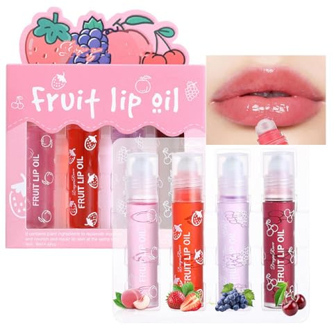 4 Packs Roll On Lip Oil Set for Women & Girls, Fruit Flavoured Moisturising Lip Gloss, Hydrating Lip Glow Oil, Long Lasting Plumping Liquid Lipstick, Glossy Lip Care Gift Set for Teens