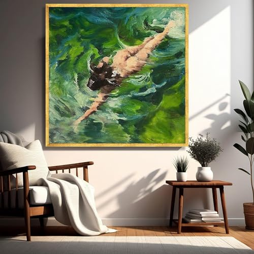 YUSUZHU Leinwandbild „Schwimmende Frau“: Ruhige, grüne Wassertextur, minimalistisches abstraktes Figurenporträt, Wandbild-Poster (45x45cm/Innenrahmen)