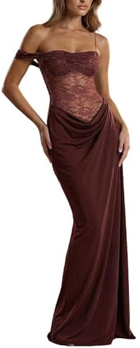 Sukiglam Damklänning, elegant one shoulder, maxiklänning, sexig spetsklänning med slits, spaghettiband, bodycon patyklänning, cocktailklänning, aftonklänning, figurnära långa klänningar för festlig
