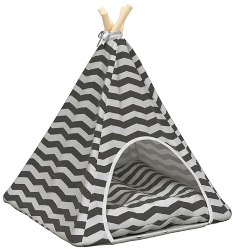 Teenpull Haustier-Tipi mit Kissen Weiß Grau aus Polyester 50 x 50 x 60 cm mit Kissen, ideales Katzenbett und Kuschelhöhle, moderner Rückzugsort für Katzen und Hunde im Wohnzimmer