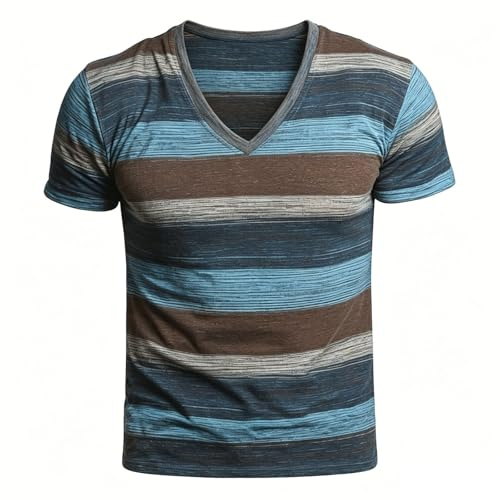 Maglietta Uomo a Righe in Misto Cotone con Scollo a V e Manica Corta T Shirt Uomo Elegante Estivo con Design Retro e Effetto Consumato Maglia Casual Comode Leggero per Casa Uscire Viaggio,Blu,4XL