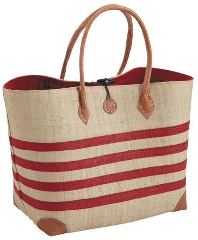 Sac cabas en rabane rayé rouge et blanc avec bandoulières et coins en cuir