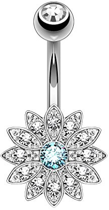 Piercingfaktor Bauchnabelpiercing Chirurgenstahl Bauch Bauchnabel Piercing Banane Stecker Anhänger mit Kristallen besetzte Blume Silber Aqua