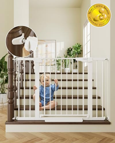 Cumbor 29.7-46 Baby Gate for Stairs, Toddler Safety Essentials for The House, Auto Close Dog Gate for Doorways, Mom's Choice Awards Winner-Easy Install Pressure Mounted Pet Gates for Dogs, White
