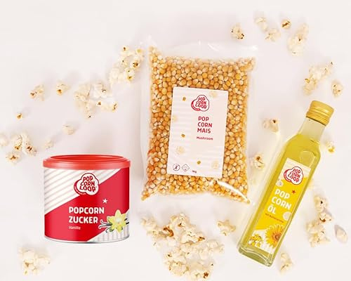 Popcornloop Zutaten Set mit Mushroom Mais je 1kg, Popcornzucker Vanille 300g und Popcornöl 250ml mit Butteraroma, für Popcorn Zuhause Partyset Popcornset für Popcornmaschine